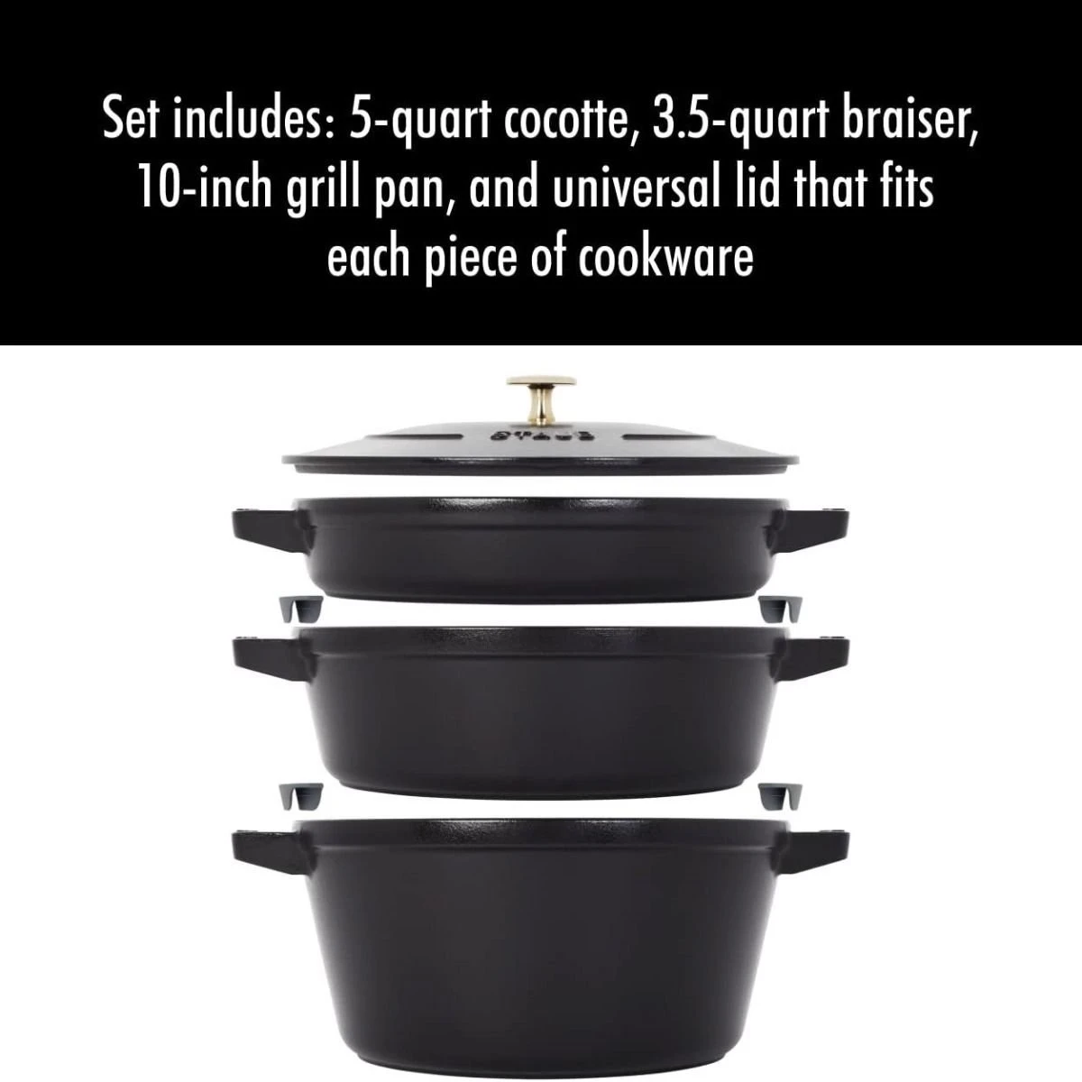 Staub Stackable Cocotte, Braiser, And Grill Pan With Lid | Black - Image 3