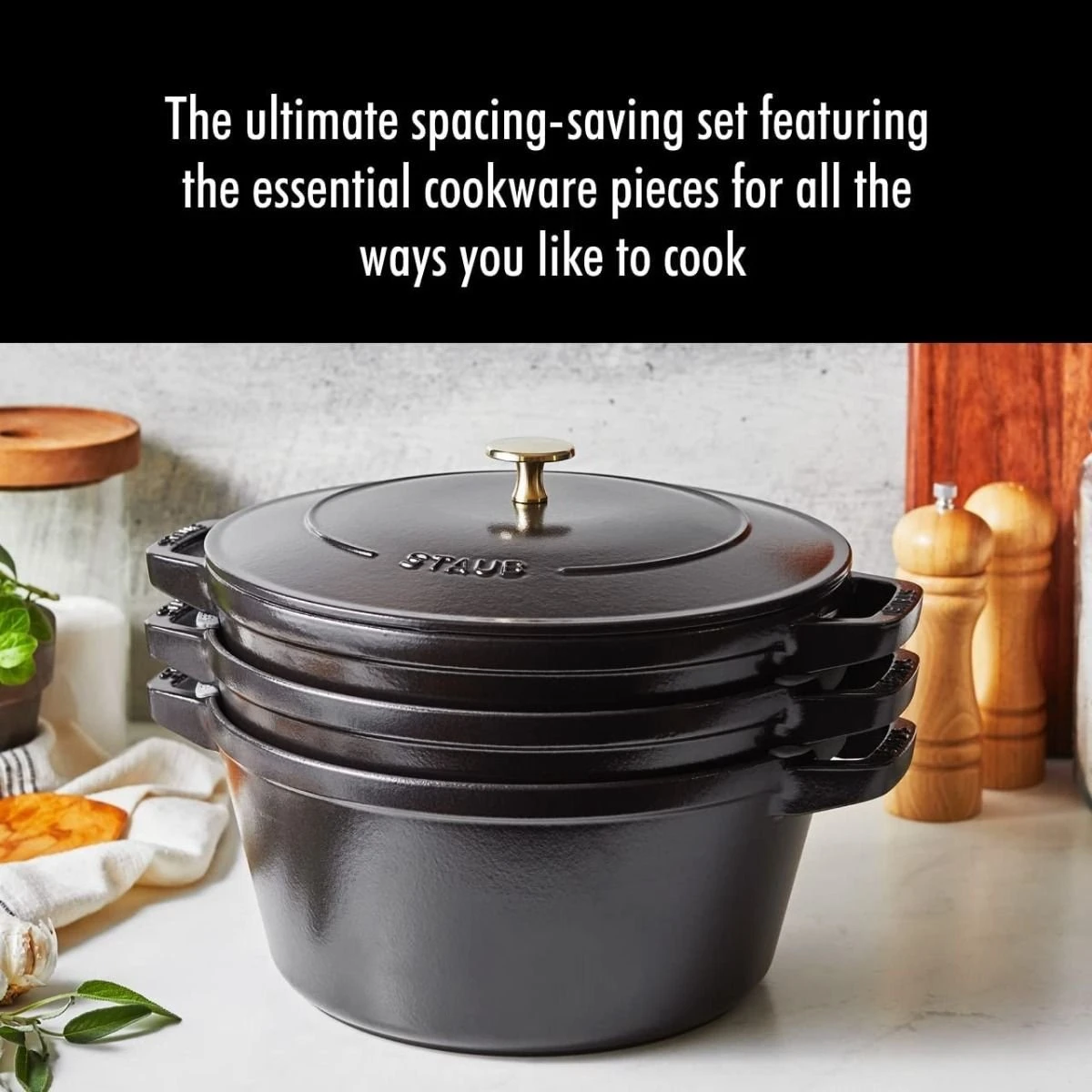 Staub Stackable Cocotte, Braiser, And Grill Pan With Lid | Black - Image 7