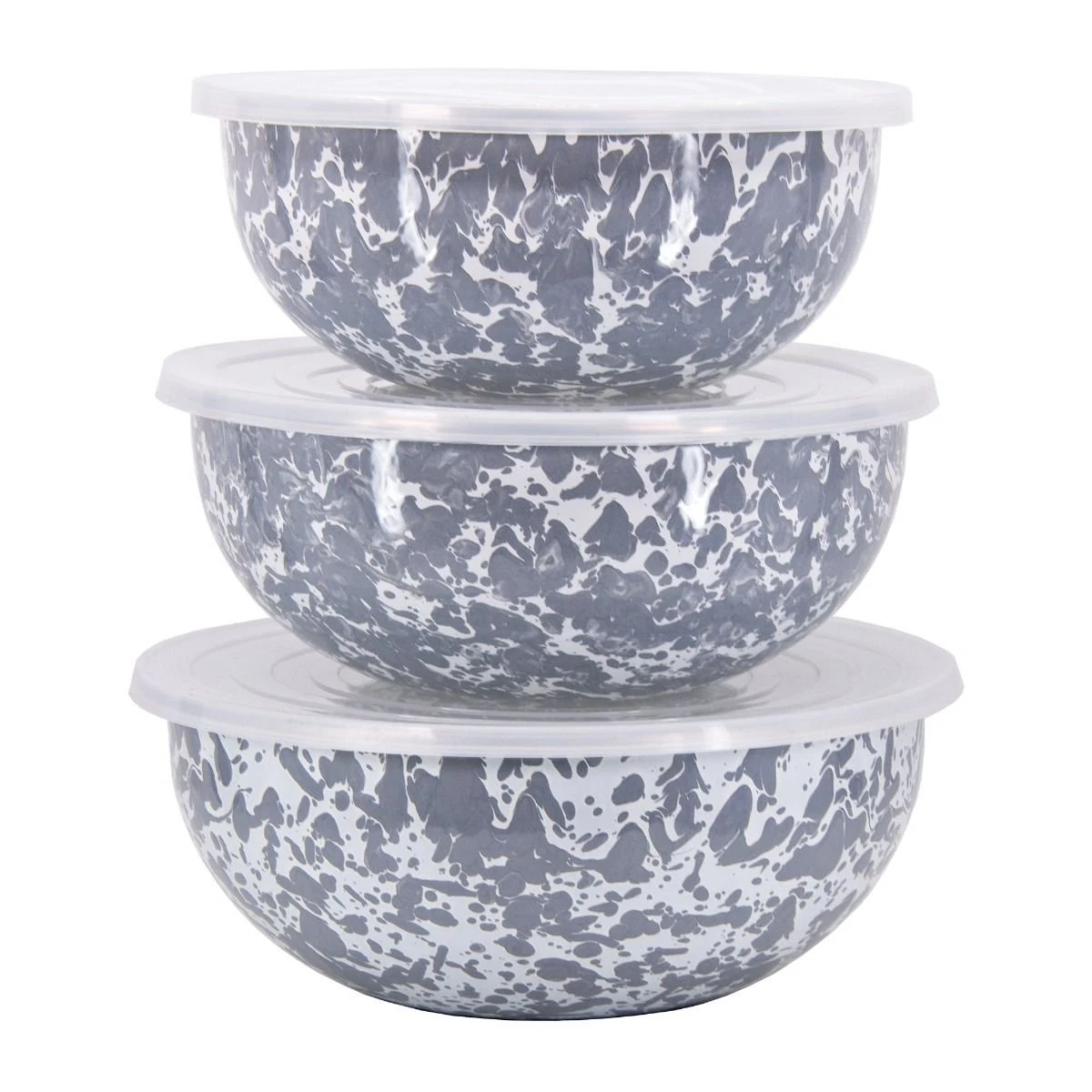 Golden Rabbit Enamelware Mixing Bowls With Lids - Set Of 3 | Grey Swirl - Image 2