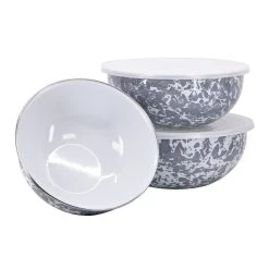 Golden Rabbit Enamelware Mixing Bowls With Lids - Set Of 3 | Grey Swirl
