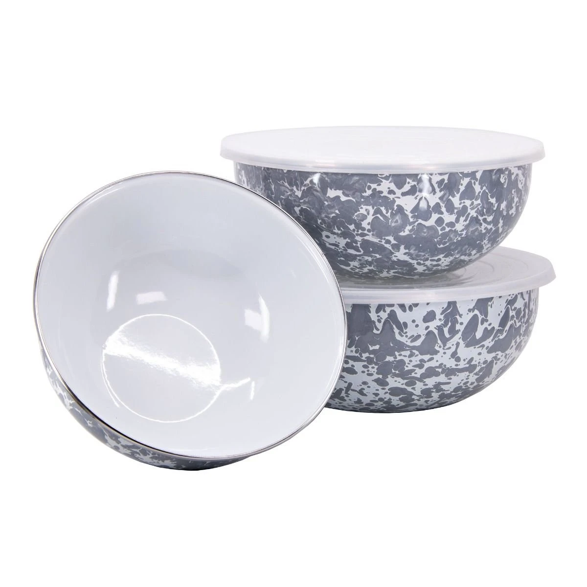 Golden Rabbit Enamelware Mixing Bowls With Lids - Set Of 3 | Grey Swirl