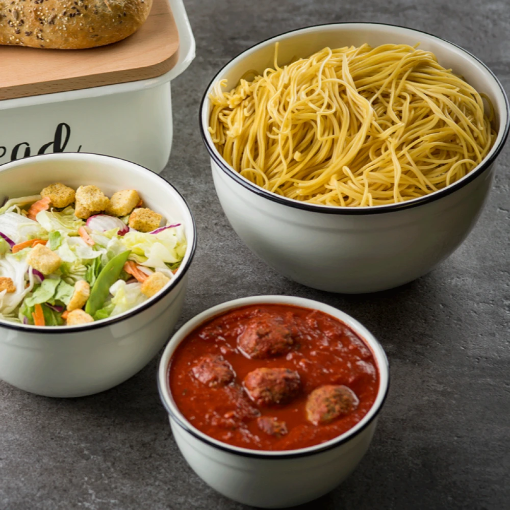 TableCraft Enamel Coated Mixing Bowls (Set Of 3) | White & Black - Image 6